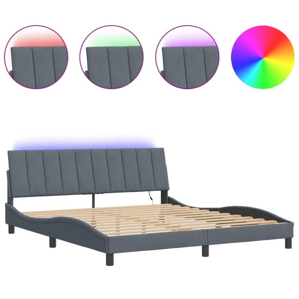 vidaXL Cadru de pat cu lumini LED, gri închis, 180x200 cm, catifea