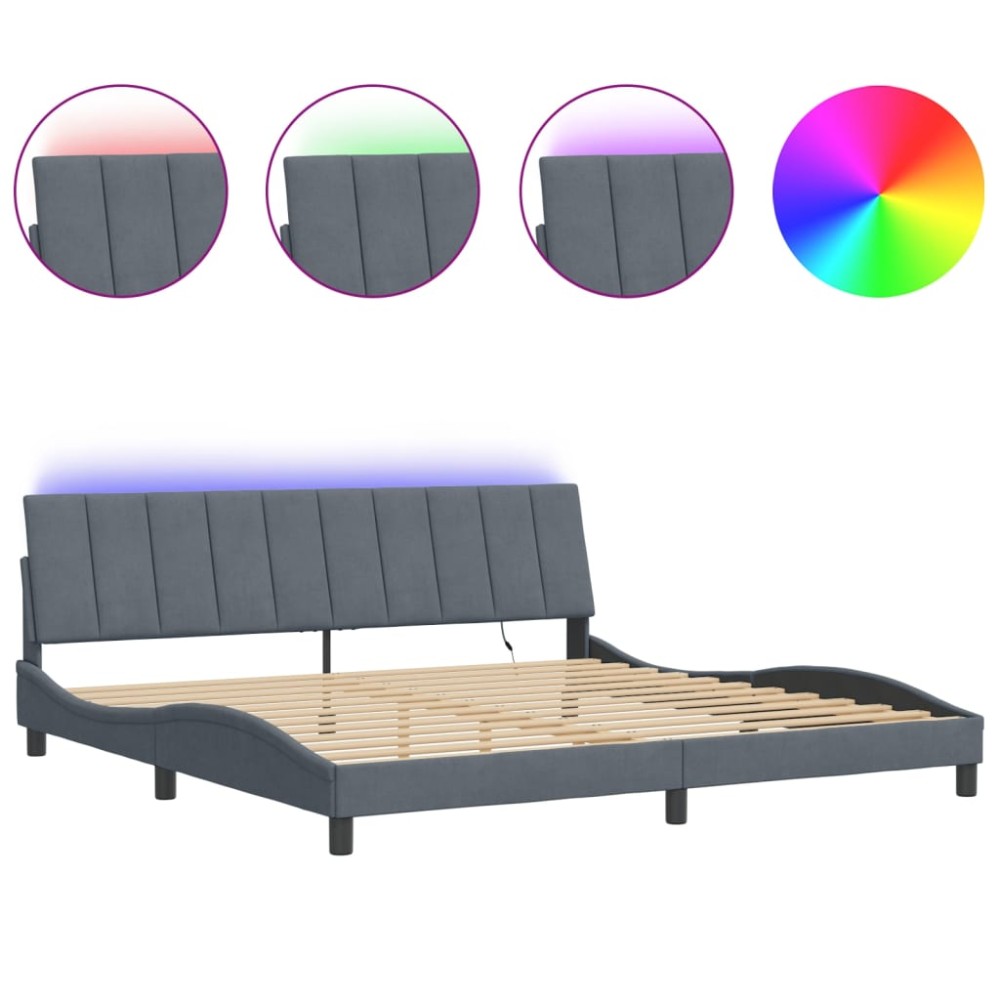 vidaXL Cadru de pat cu lumini LED, gri închis, 200x200 cm, catifea