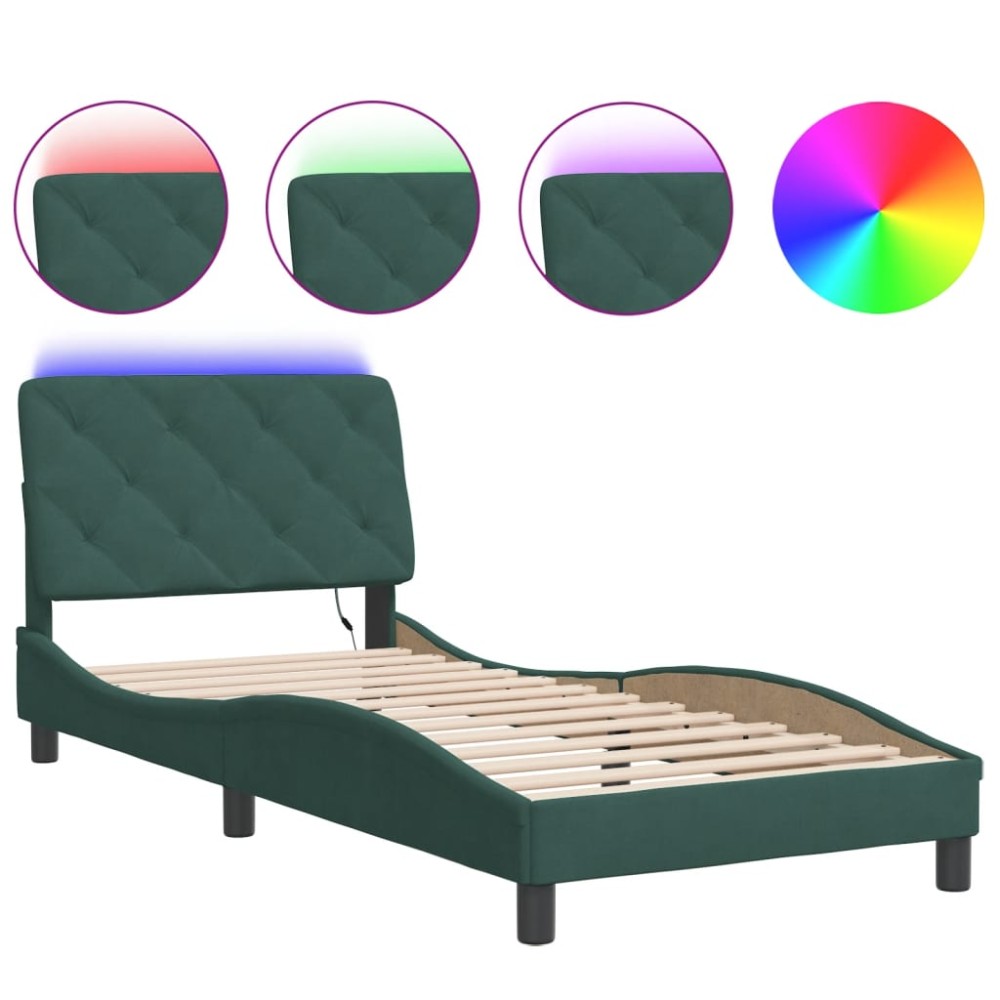 vidaXL Cadru de pat cu lumini LED, verde închis, 90x190 cm, catifea