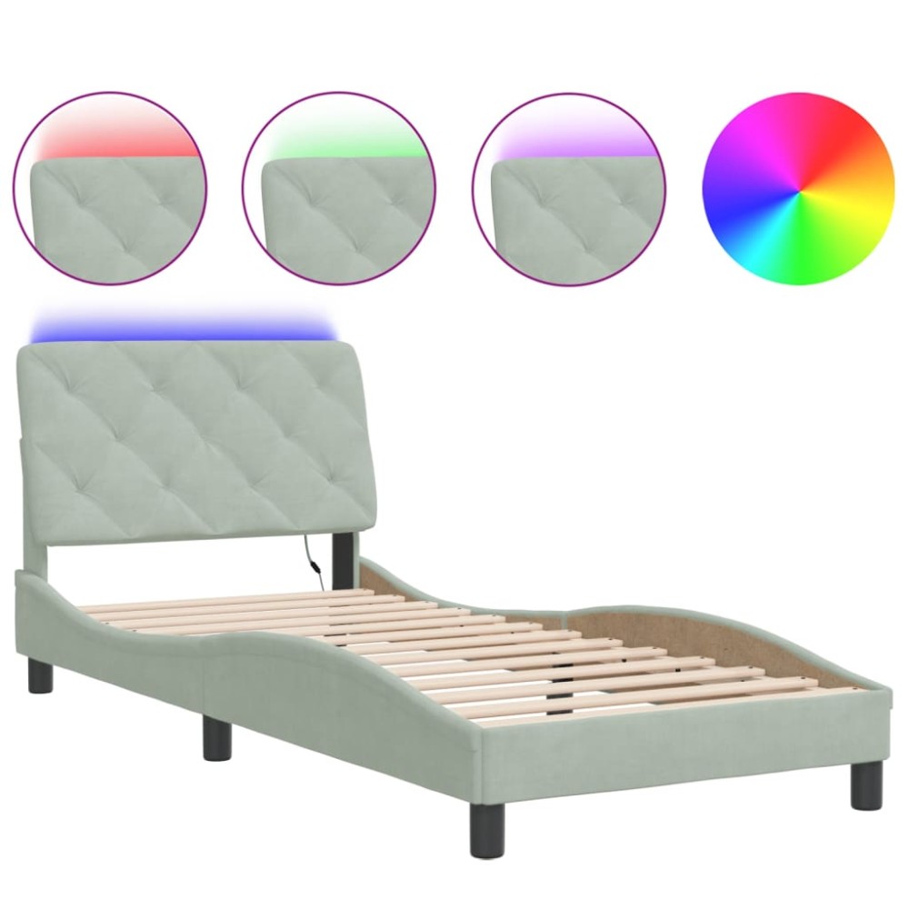 vidaXL Cadru de pat cu lumini LED, gri deschis, 90x200 cm, catifea