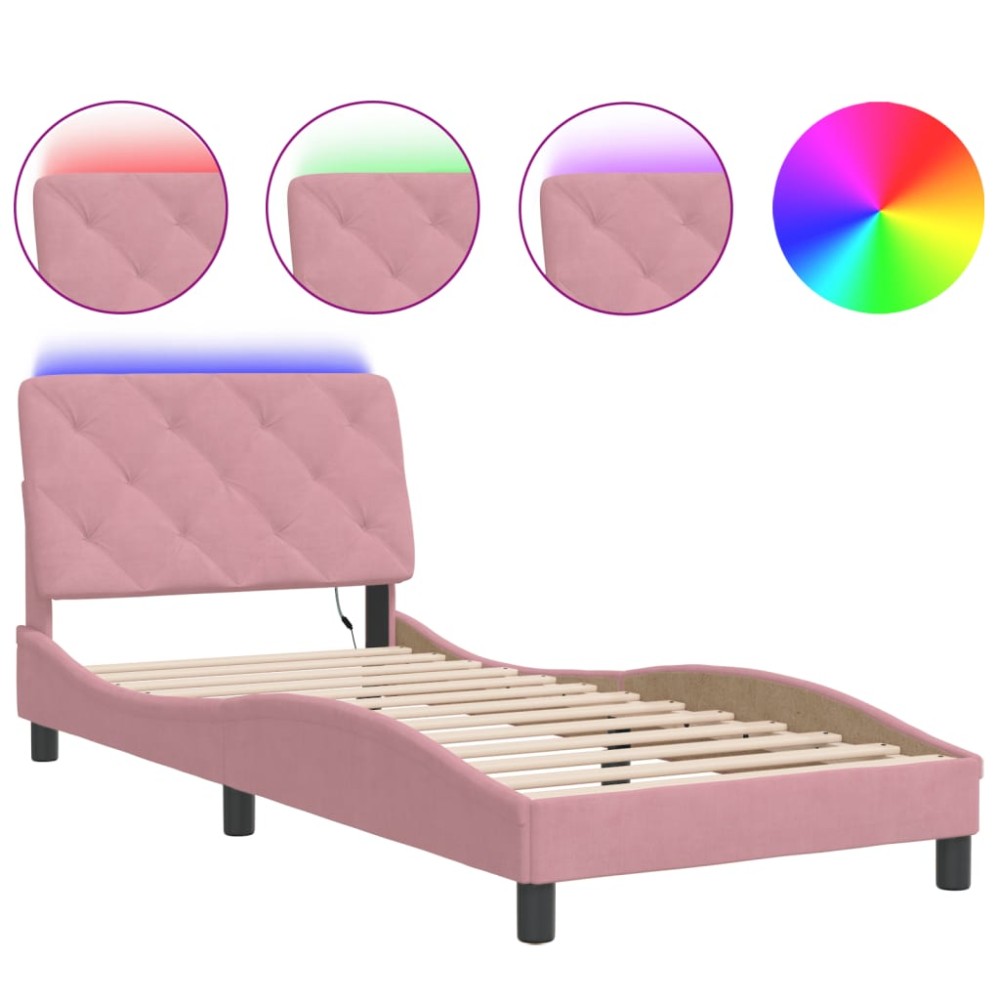 vidaXL Cadru de pat cu lumini LED, roz, 90x200 cm, catifea