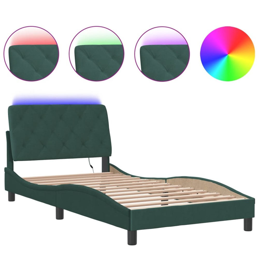 vidaXL Cadru de pat cu lumini LED, verde închis, 100x200 cm, catifea