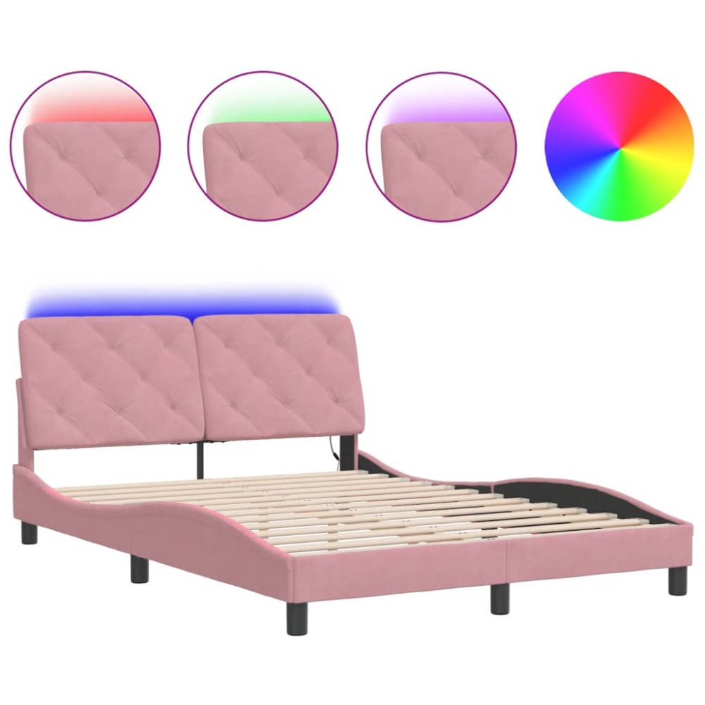 vidaXL Cadru de pat cu lumini LED, roz, 120x200 cm, catifea