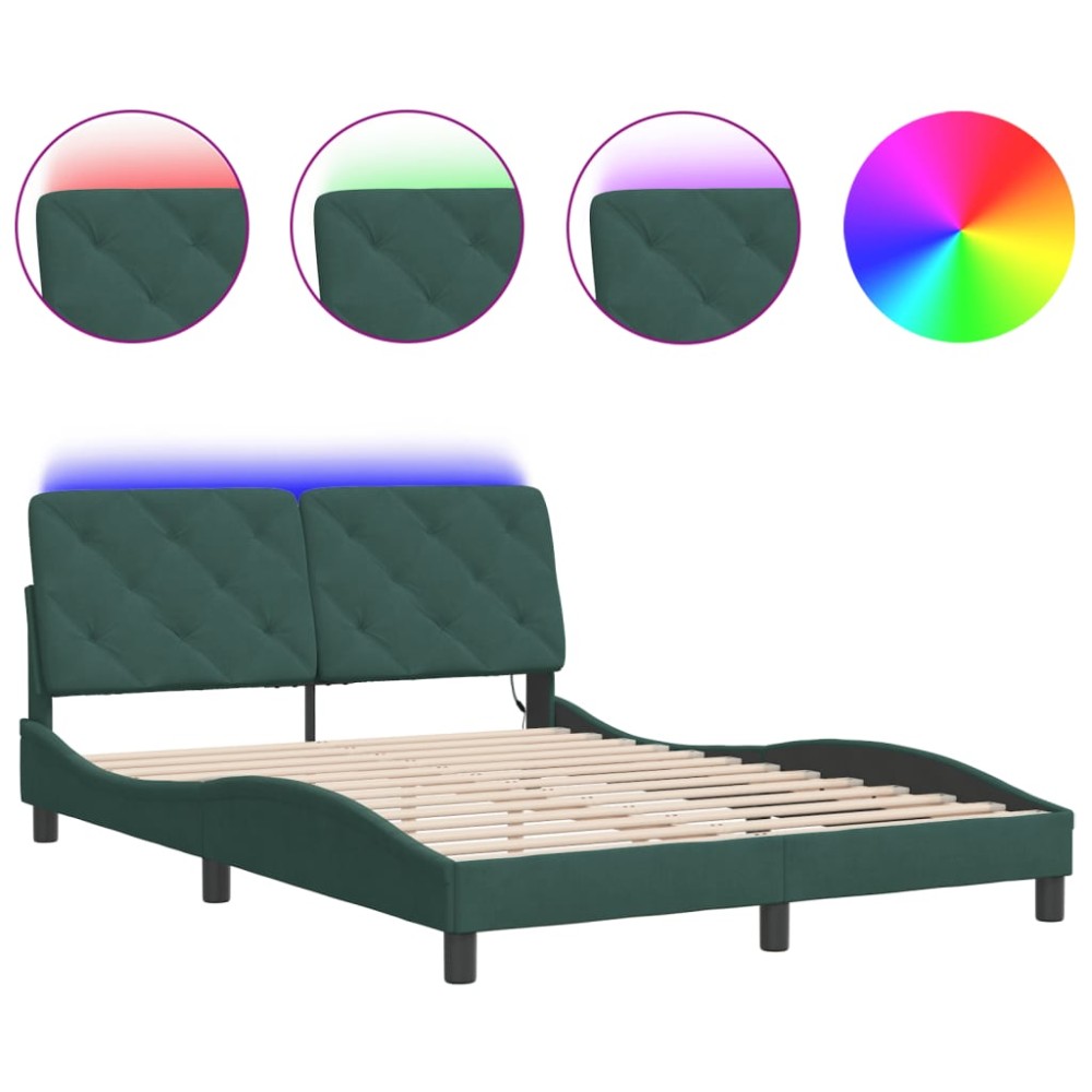 vidaXL Cadru de pat cu lumini LED, verde închis, 140x190 cm, catifea