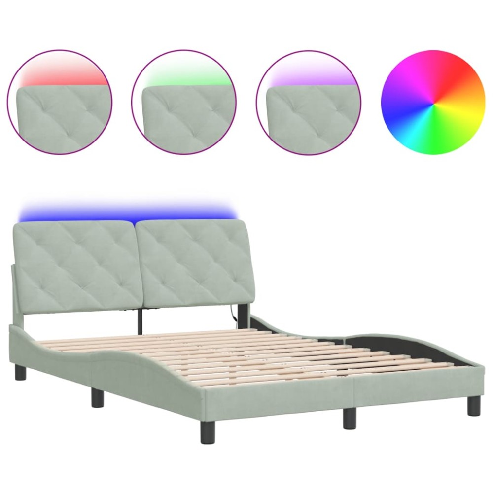 vidaXL Cadru de pat cu lumini LED, gri deschis, 140x200 cm, catifea