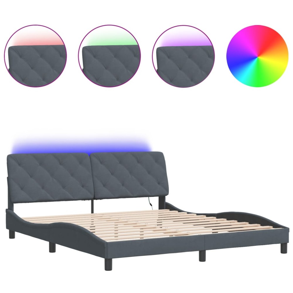 vidaXL Cadru de pat cu lumini LED, gri închis, 180x200 cm, catifea