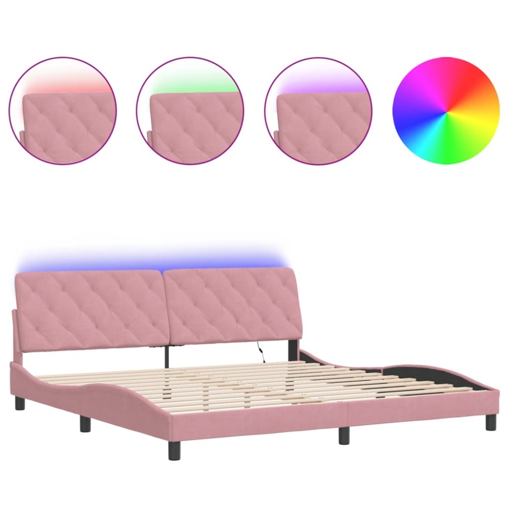 vidaXL Cadru de pat cu lumini LED, roz, 200x200 cm, catifea