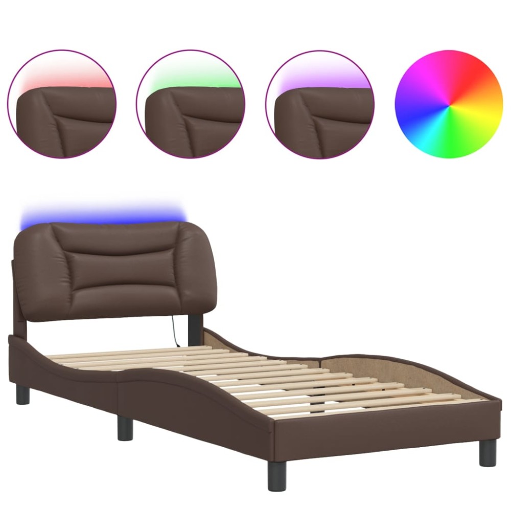 vidaXL Cadru de pat cu lumini LED, maro, 80x200 cm, piele ecologică