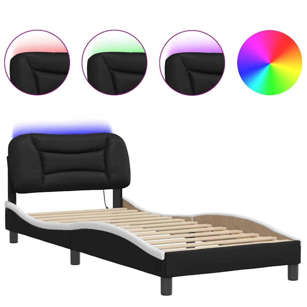vidaXL Cadru de pat cu lumini LED negru/alb 80x200 cm piele ecologică