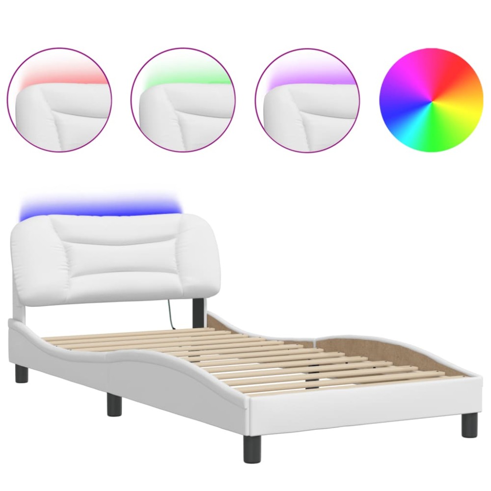 vidaXL Cadru de pat cu lumini LED, alb, 100x200 cm, piele ecologică