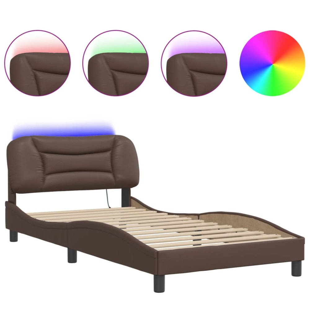 vidaXL Cadru de pat cu lumini LED, maro, 100x200 cm, piele ecologică