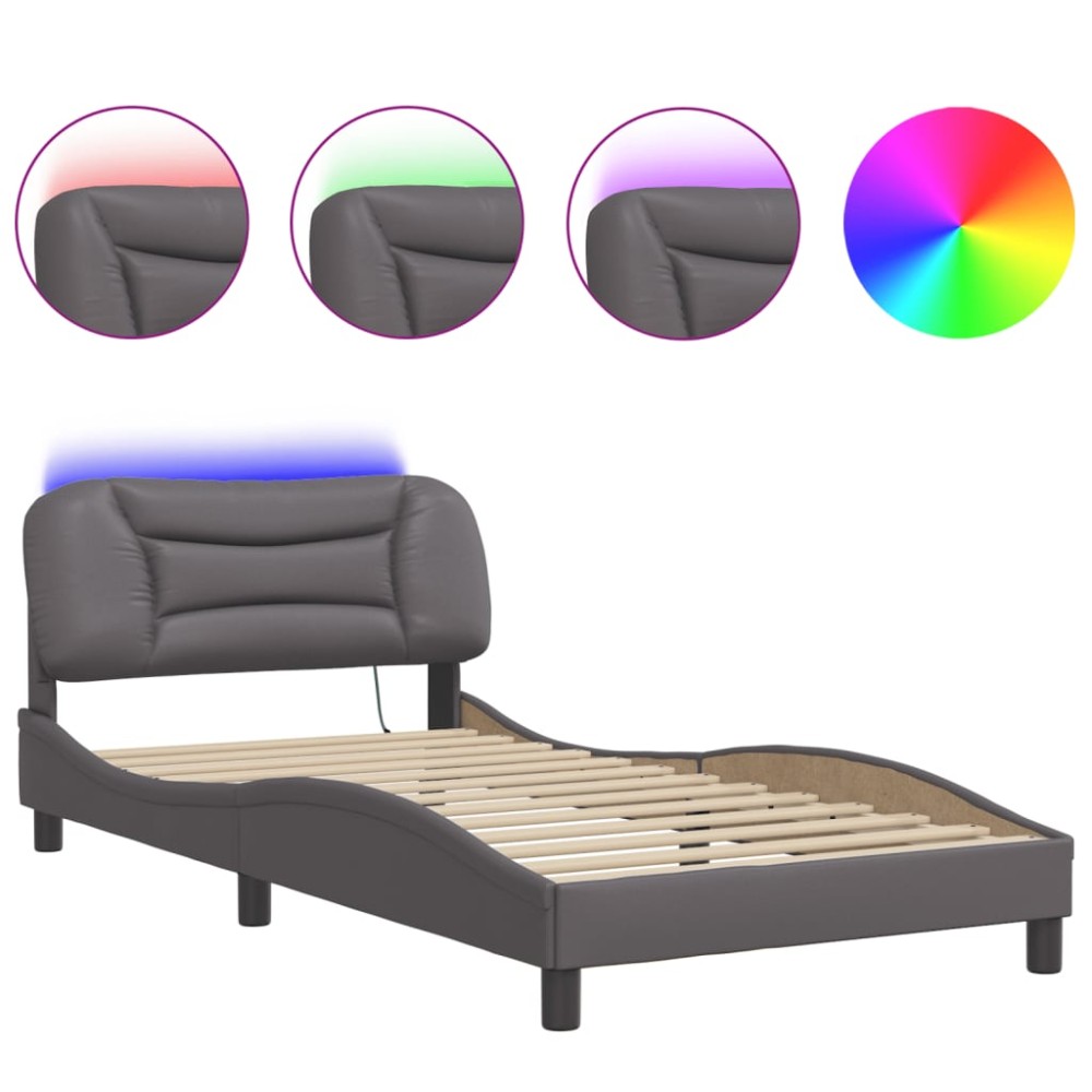 vidaXL Cadru de pat cu lumini LED, gri, 100x200 cm, piele ecologică