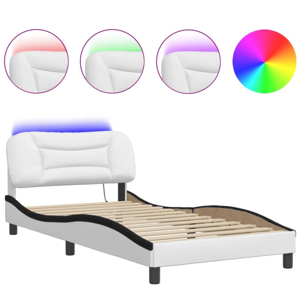 vidaXL Cadru de pat cu lumini LED alb/negru 100x200 cm piele ecologică