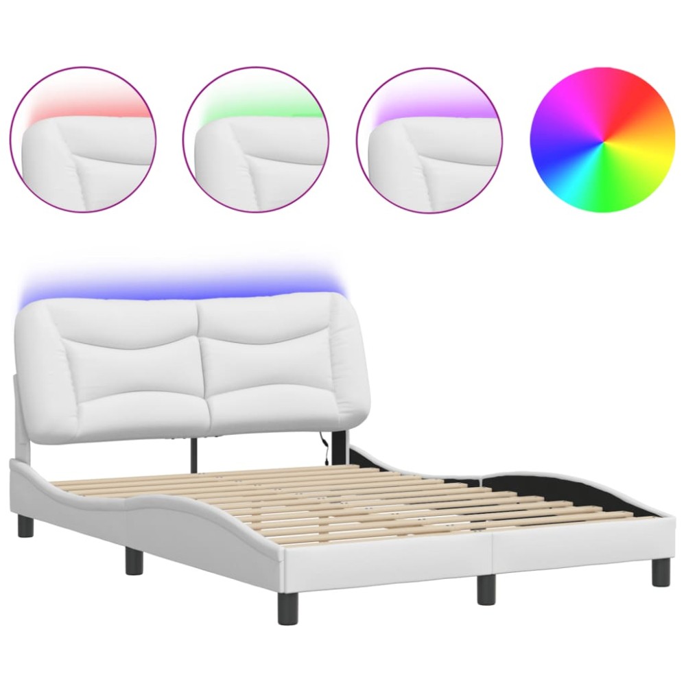 vidaXL Cadru de pat cu lumini LED, alb, 140x200 cm, piele ecologică