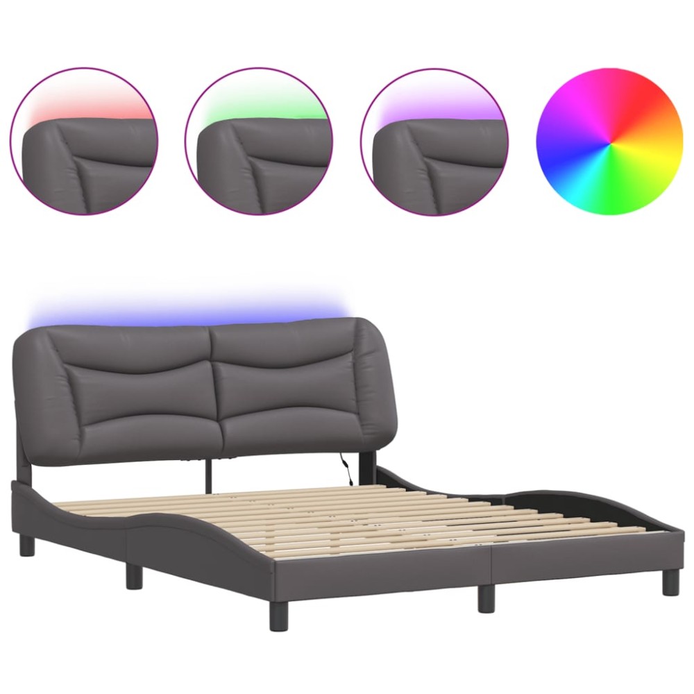 vidaXL Cadru de pat cu lumini LED, gri, 160x200 cm, piele ecologică