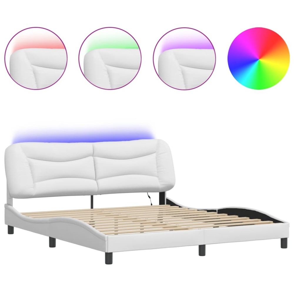 vidaXL Cadru de pat cu lumini LED, alb, 180x200 cm, piele ecologică