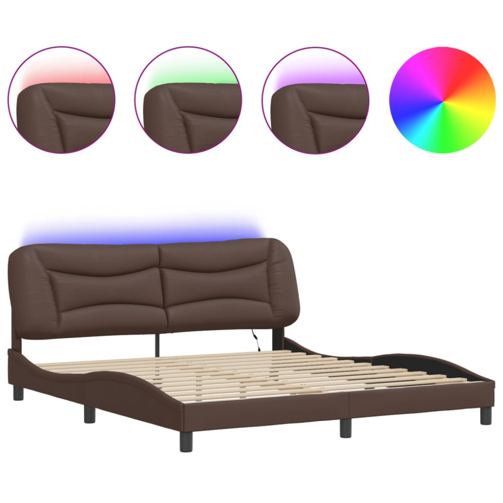 vidaXL Cadru de pat cu lumini LED, maro, 180x200 cm, piele ecologică