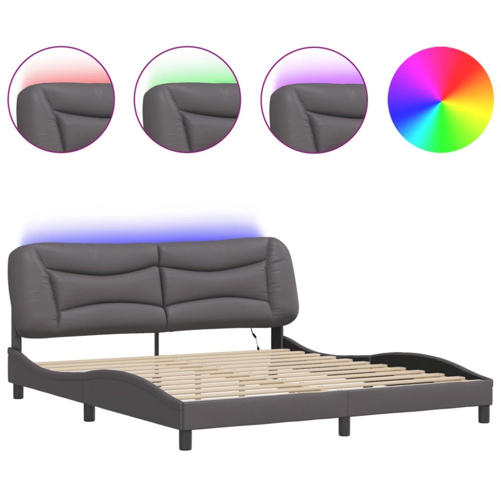 vidaXL Cadru de pat cu lumini LED, gri, 180x200 cm, piele ecologică