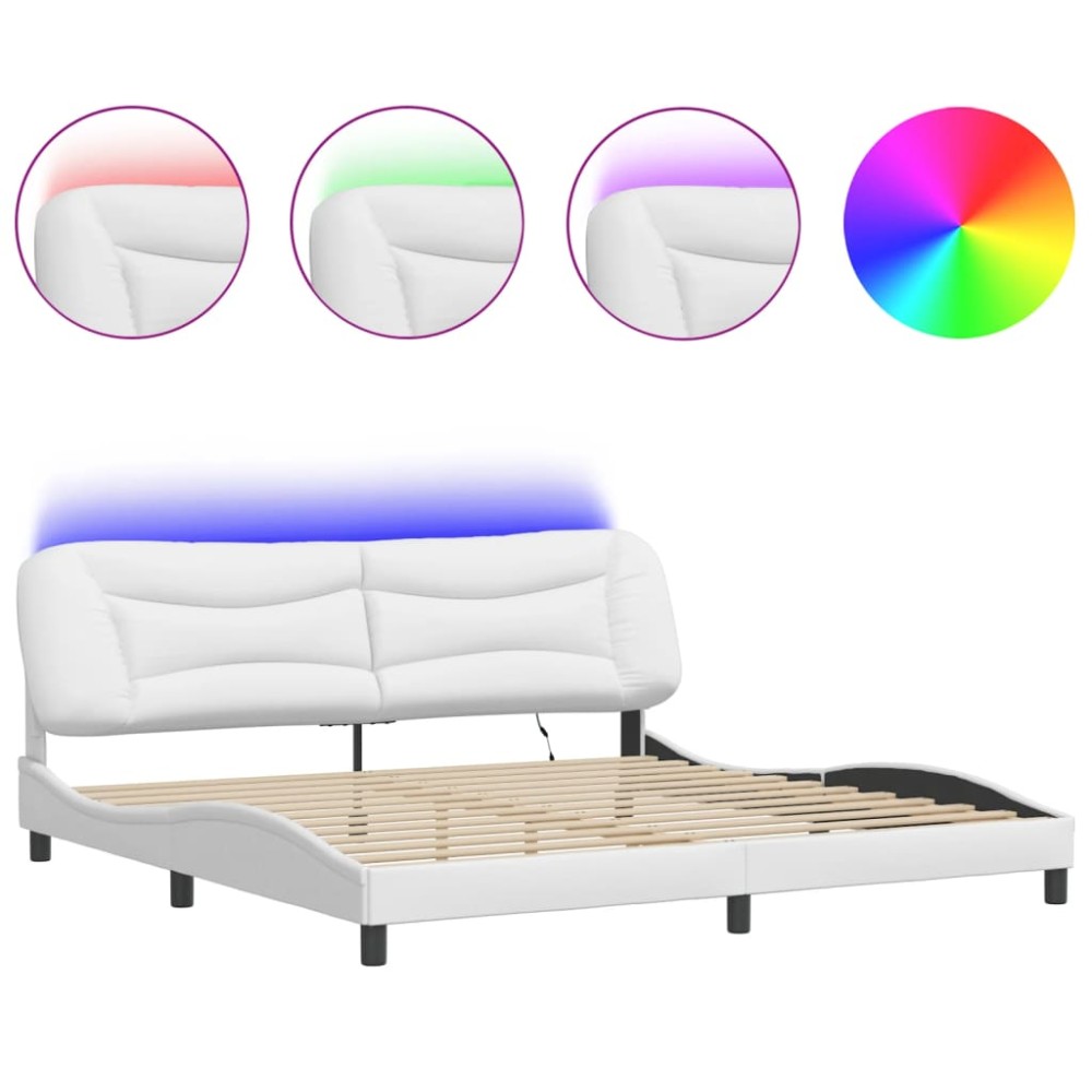 vidaXL Cadru de pat cu lumini LED, alb, 200x200 cm, piele ecologică