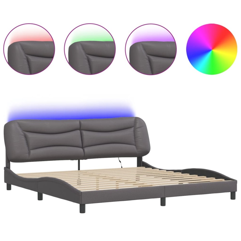 vidaXL Cadru de pat cu lumini LED, gri, 200x200 cm, piele ecologică