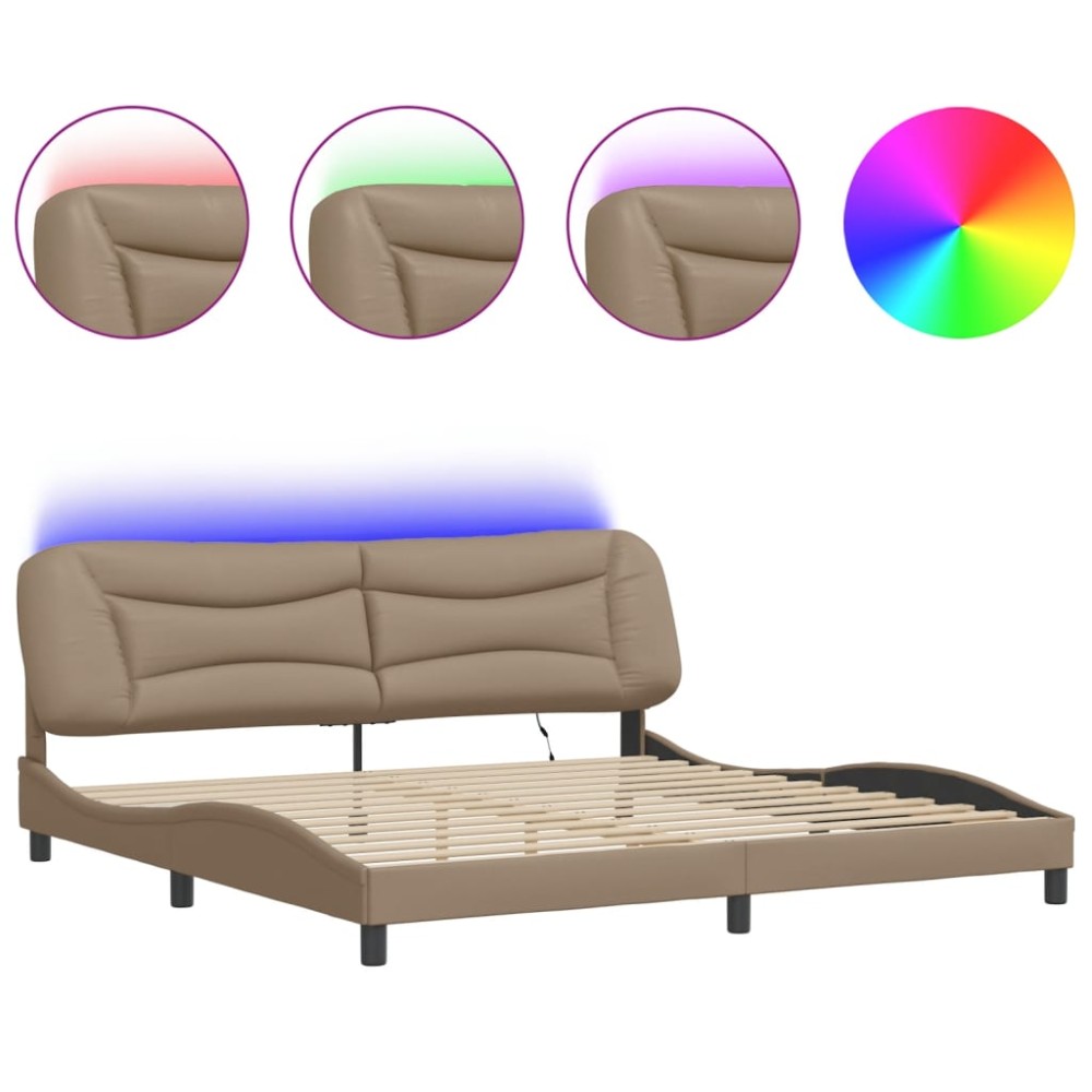 vidaXL Cadru de pat lumini LED, cappuccino, 200x200 cm piele ecologică
