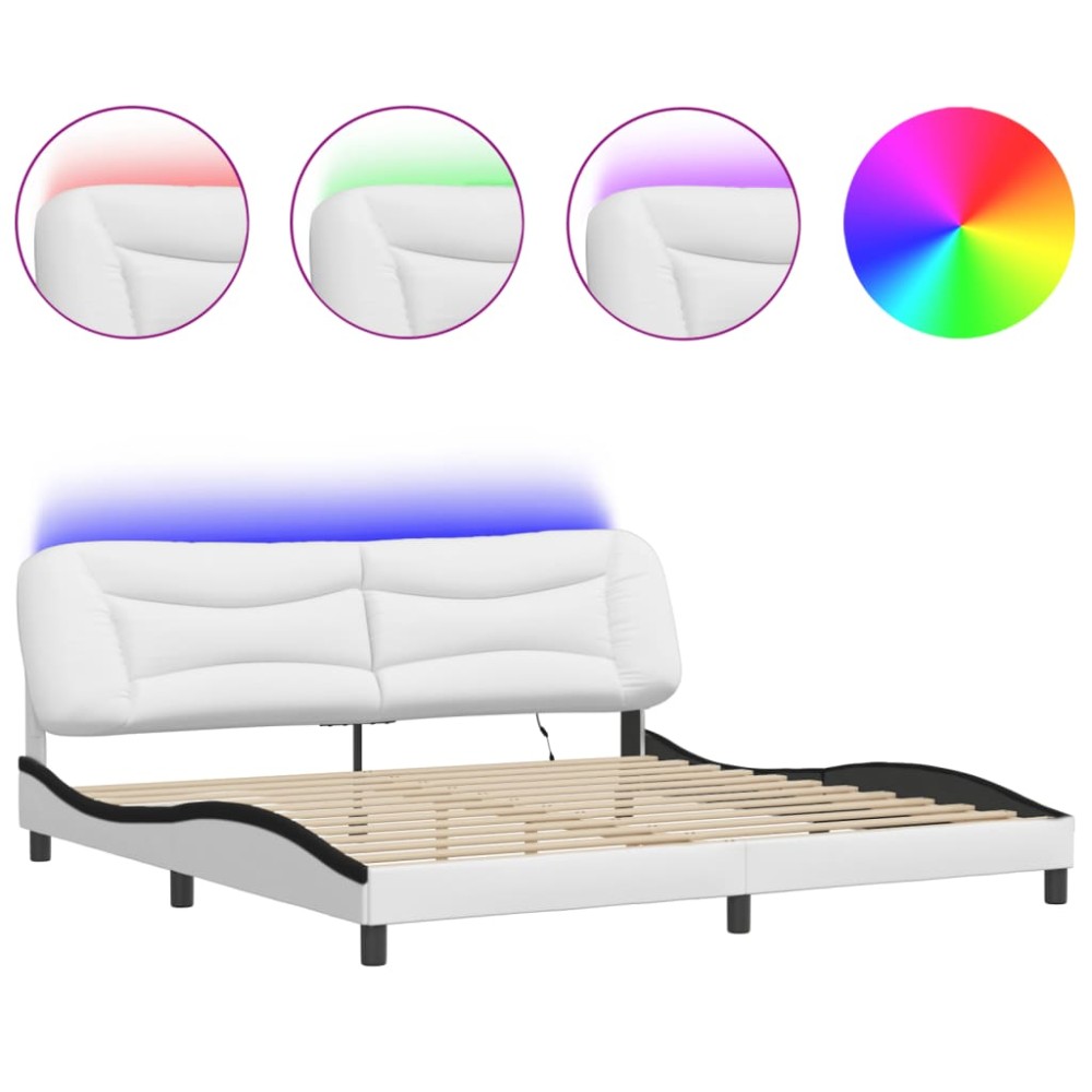 vidaXL Cadru de pat cu lumini LED alb/negru 200x200 cm piele ecologică