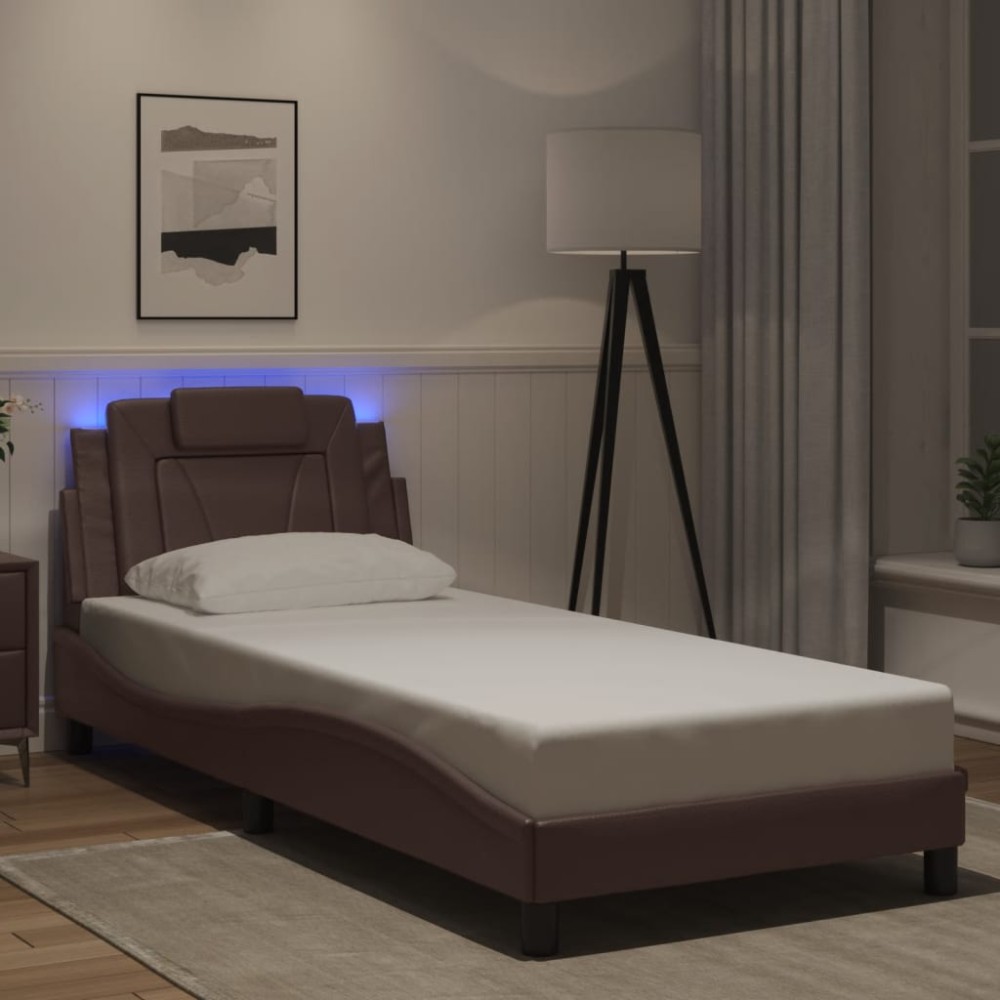 vidaXL Cadru de pat cu lumini LED, maro, 90x190 cm, piele ecologică