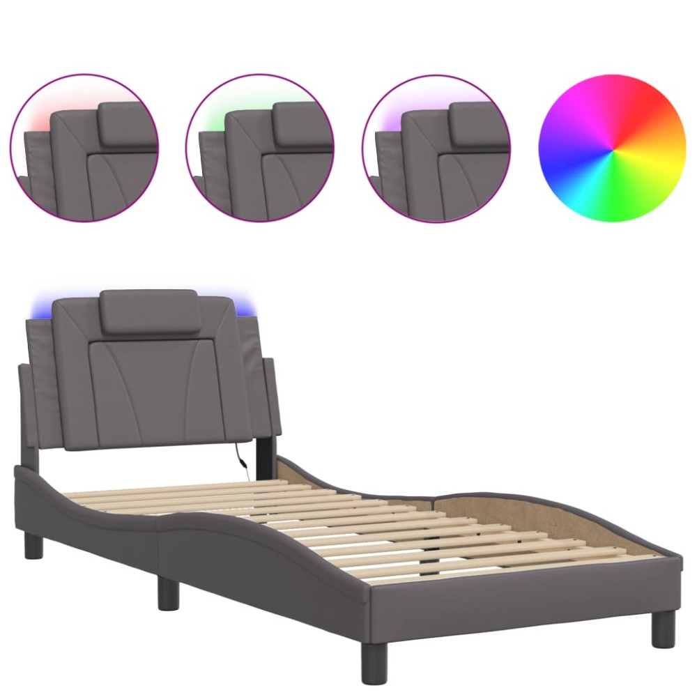 vidaXL Cadru de pat cu lumini LED, gri, 90x190 cm, piele ecologică