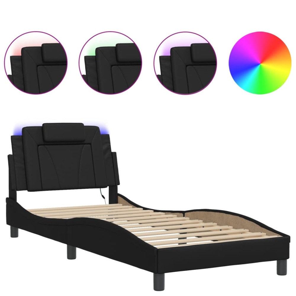vidaXL Cadru de pat cu lumini LED, negru, 90x200 cm, piele ecologică