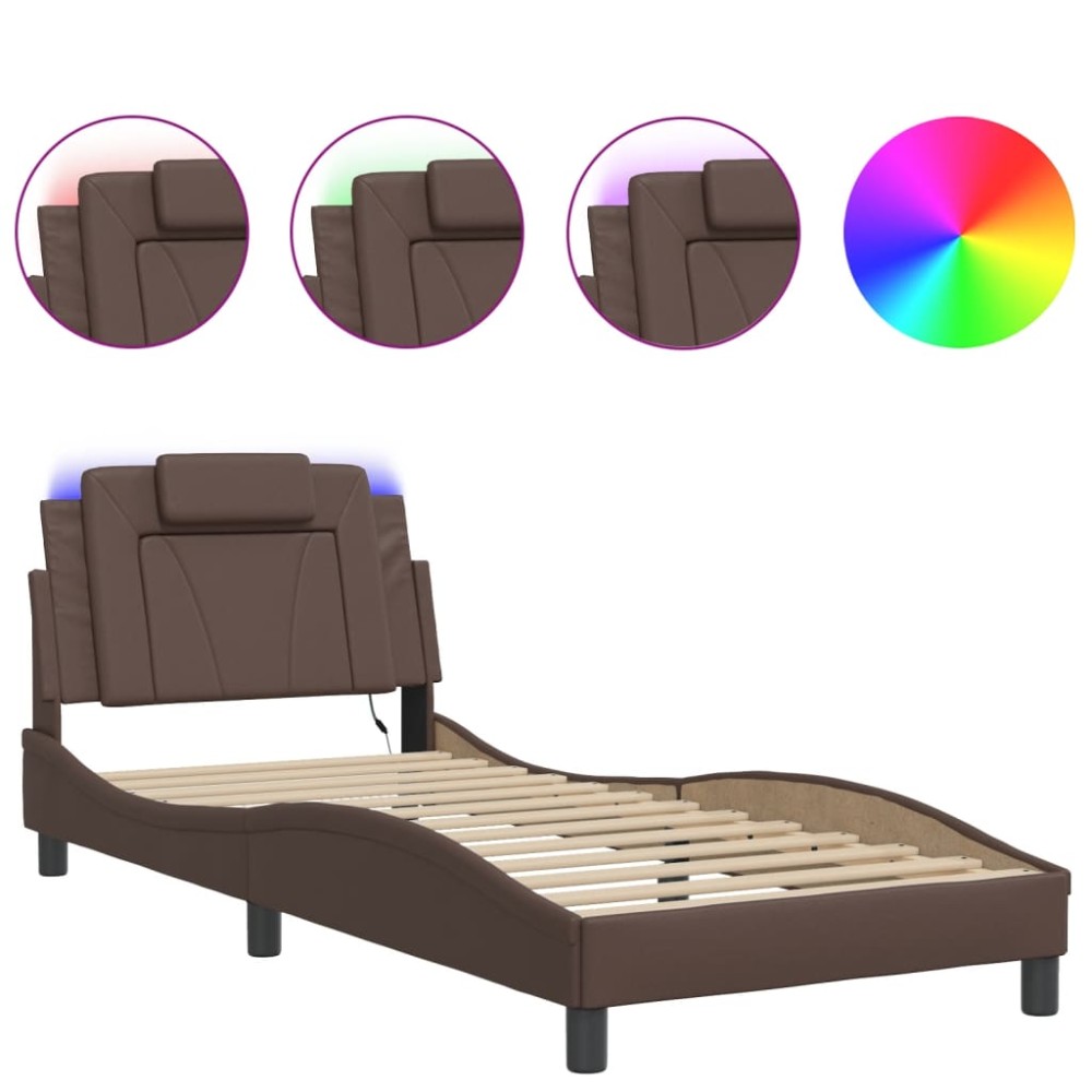vidaXL Cadru de pat cu lumini LED, maro, 90x200 cm, piele ecologică