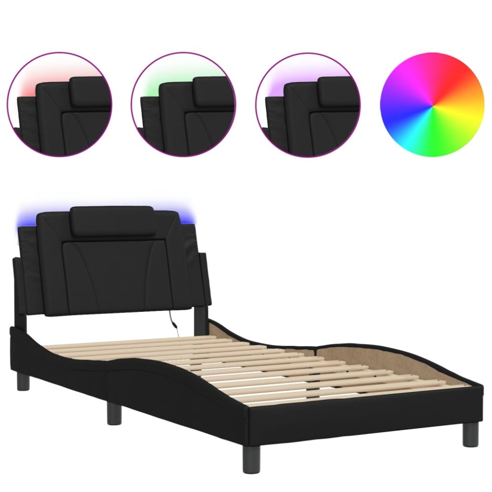 vidaXL Cadru de pat cu lumini LED, negru, 100x200 cm, piele ecologică