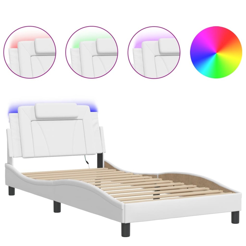 vidaXL Cadru de pat cu lumini LED, alb, 100x200 cm, piele ecologică