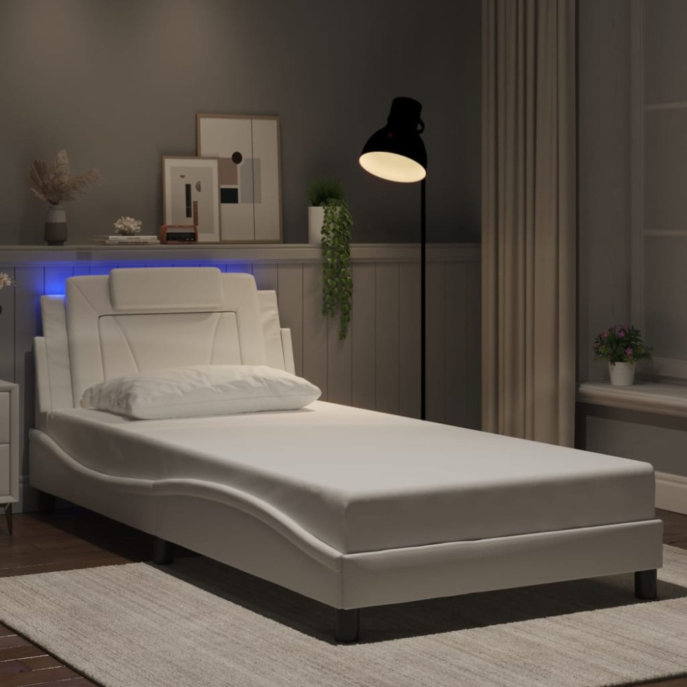 vidaXL Cadru de pat cu lumini LED, alb, 100x200 cm, piele ecologică