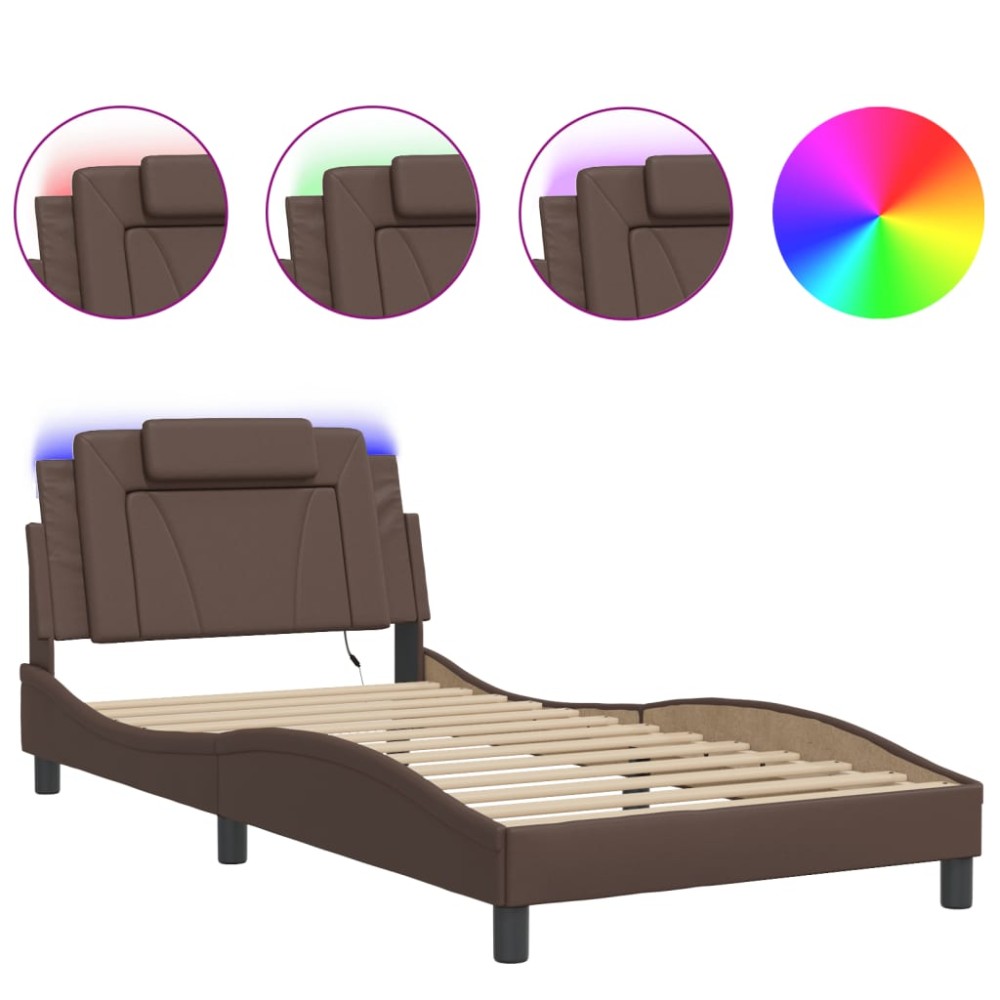 vidaXL Cadru de pat cu lumini LED, maro, 100x200 cm, piele ecologică
