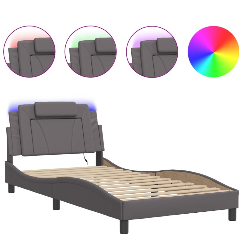 vidaXL Cadru de pat cu lumini LED, gri, 100x200 cm, piele ecologică