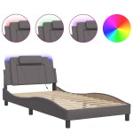 vidaXL Cadru de pat cu lumini LED, gri, 100x200 cm, piele ecologică
