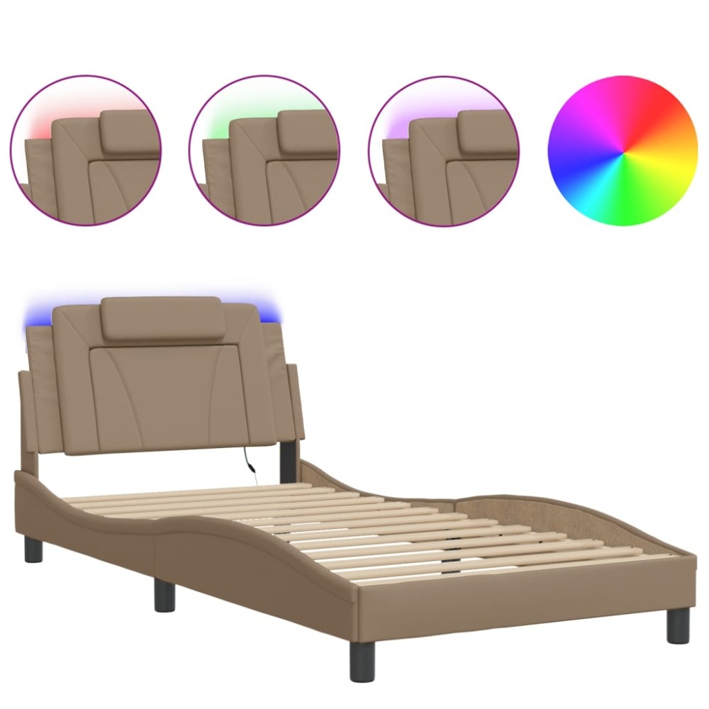 vidaXL Cadru de pat cu LED, cappuccino, 100x200 cm, piele ecologică
