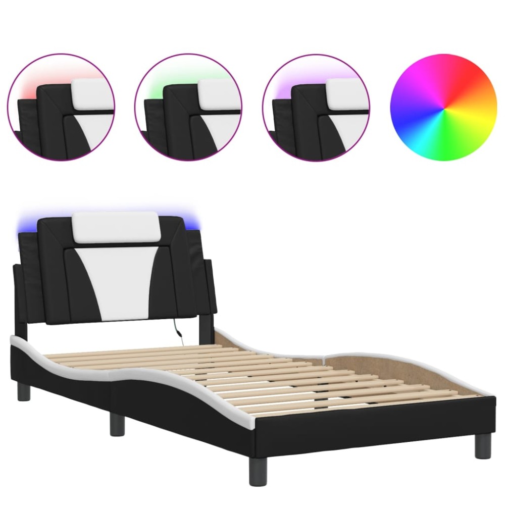 vidaXL Cadru de pat cu LED, negru și alb, 100x200 cm, piele ecologică