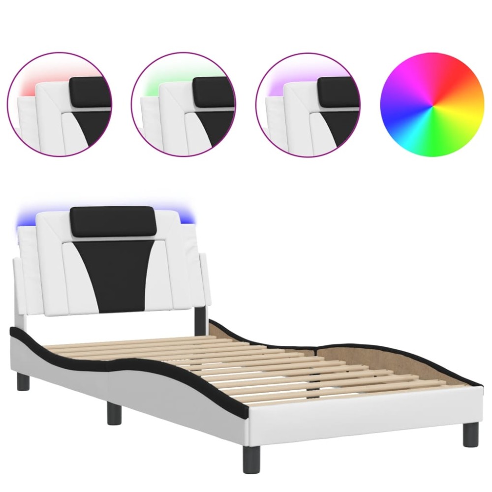 vidaXL Cadru de pat cu lumini LED alb/negru 100x200 cm piele ecologică