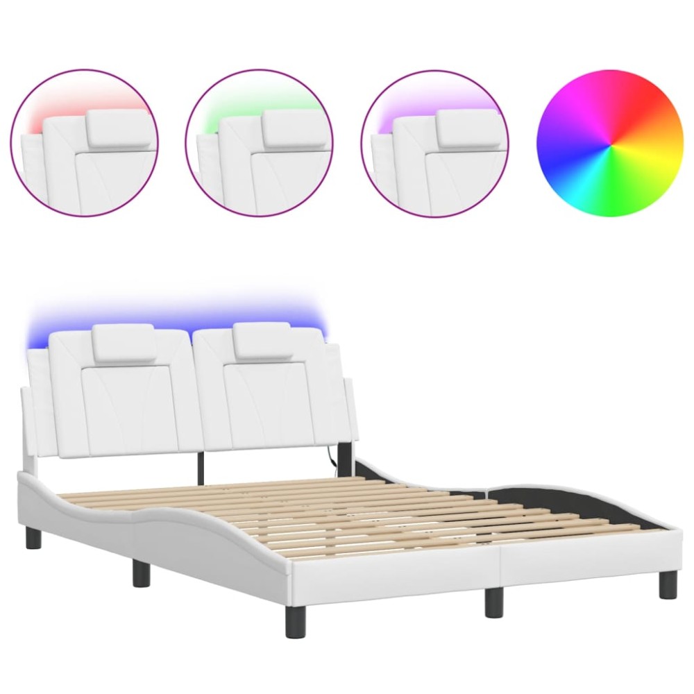 vidaXL Cadru de pat cu lumini LED, alb, 120x200 cm, piele ecologică
