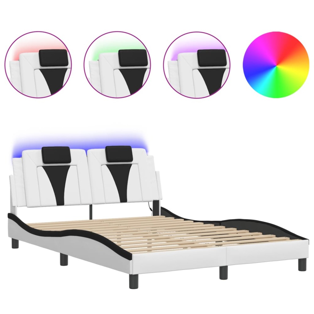 vidaXL Cadru de pat cu LED, alb și negru, 120x200 cm, piele ecologică