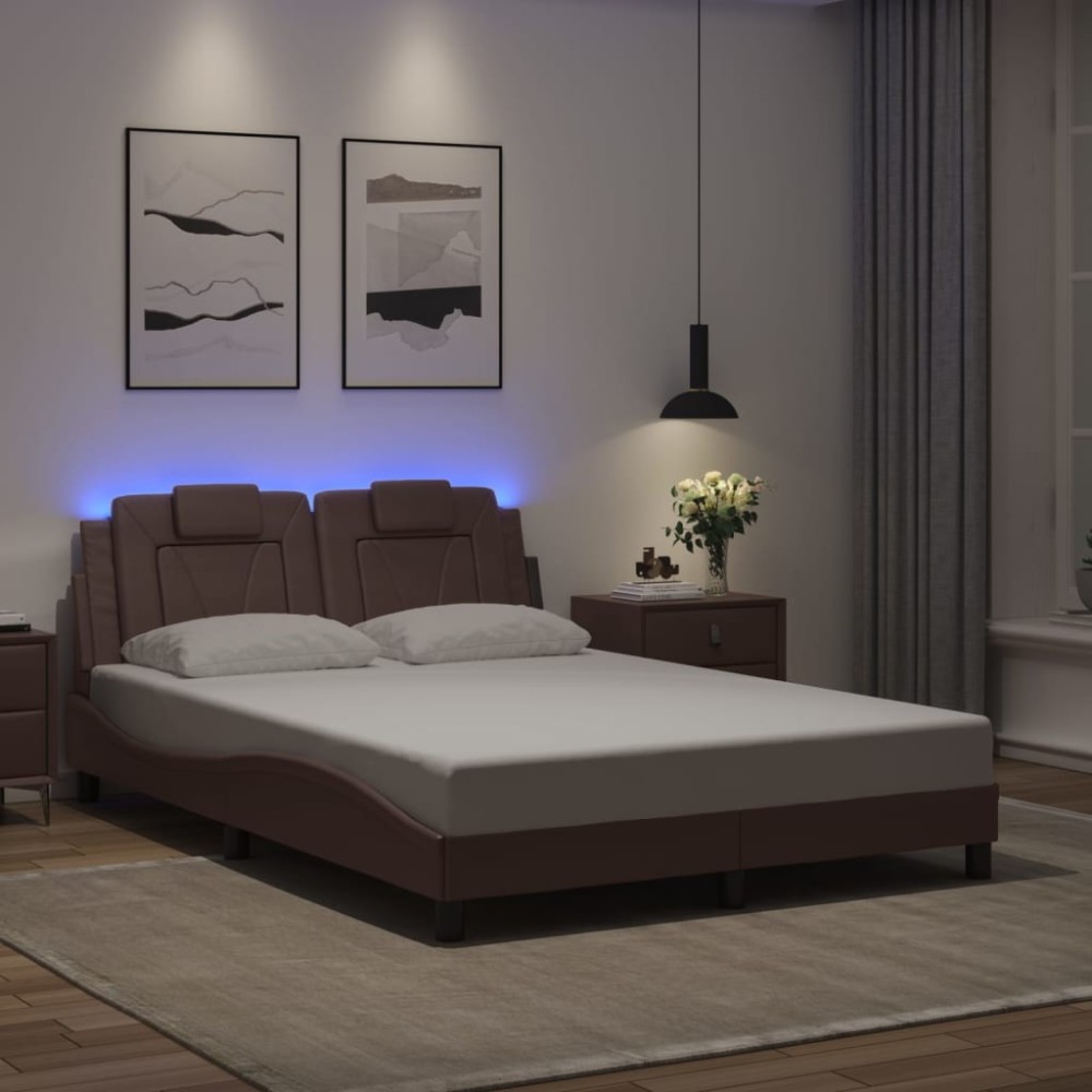 vidaXL Cadru de pat cu lumini LED, maro, 140x190 cm, piele ecologică