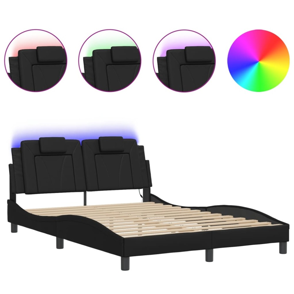 vidaXL Cadru de pat cu lumini LED, negru, 140x200 cm, piele ecologică