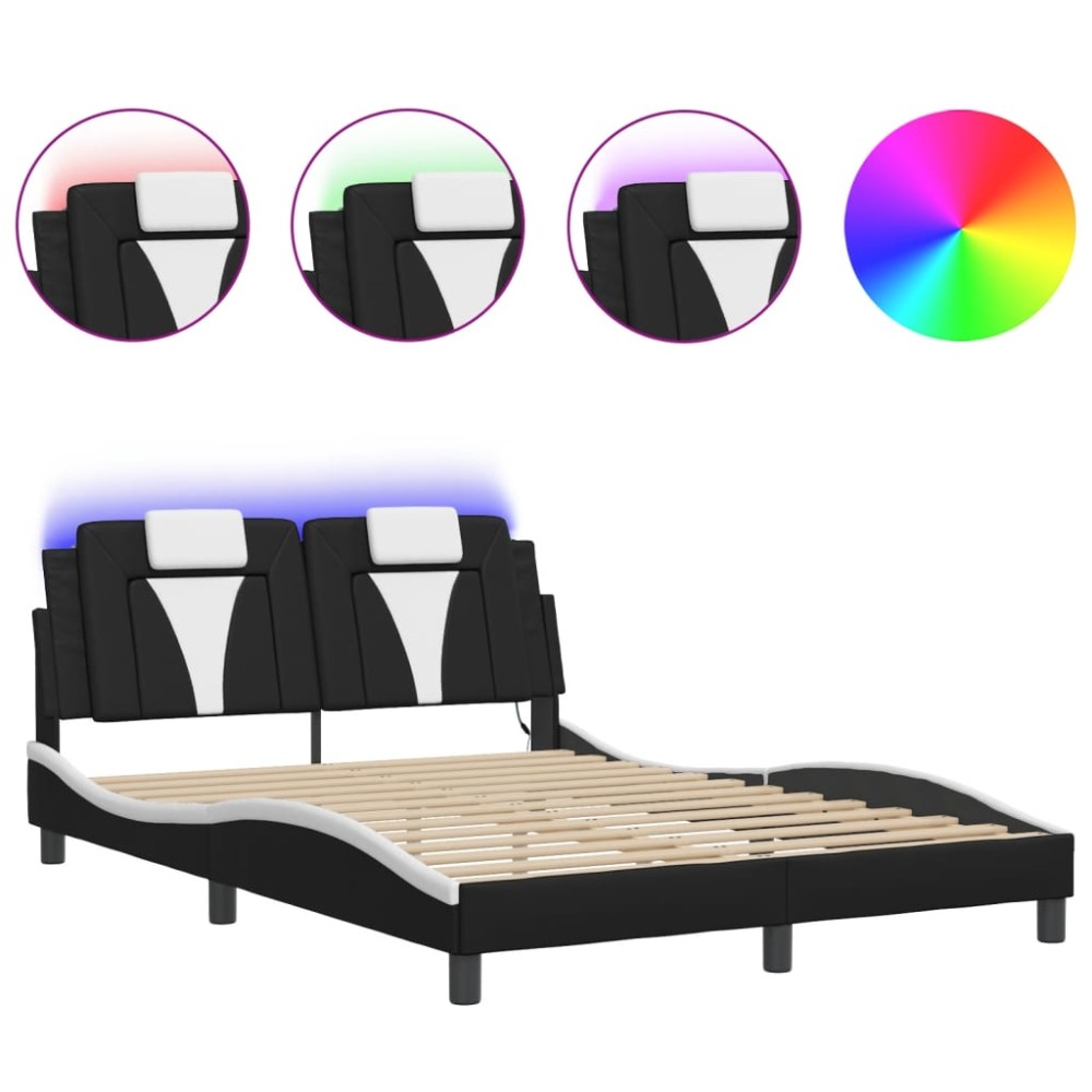 vidaXL Cadru de pat cu LED, negru și alb, 140x200 cm, piele ecologică