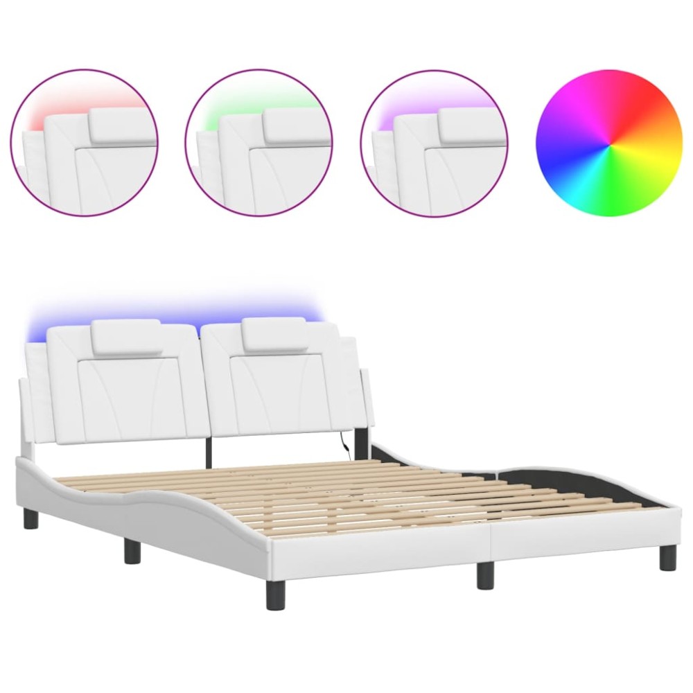 vidaXL Cadru de pat cu lumini LED, alb, 160x200 cm, piele ecologică