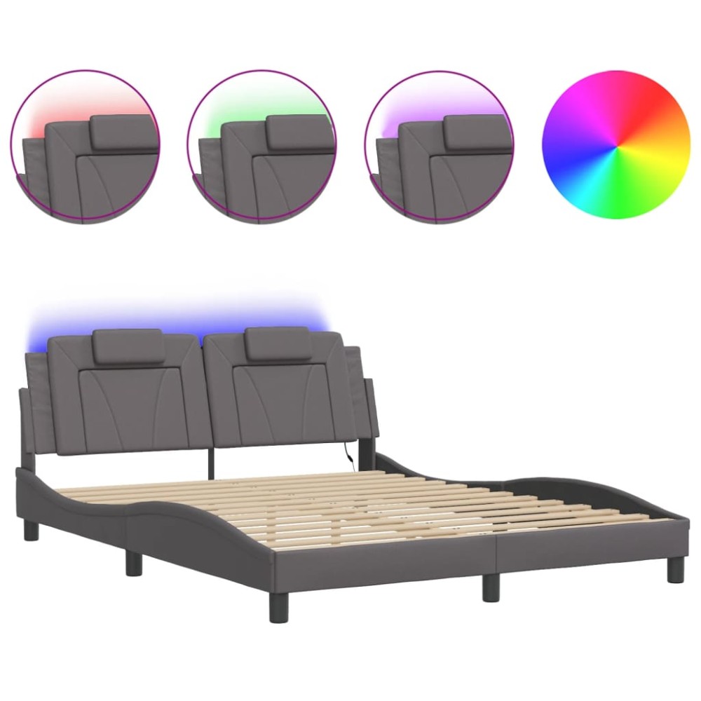 vidaXL Cadru de pat cu lumini LED, gri, 160x200 cm, piele ecologică