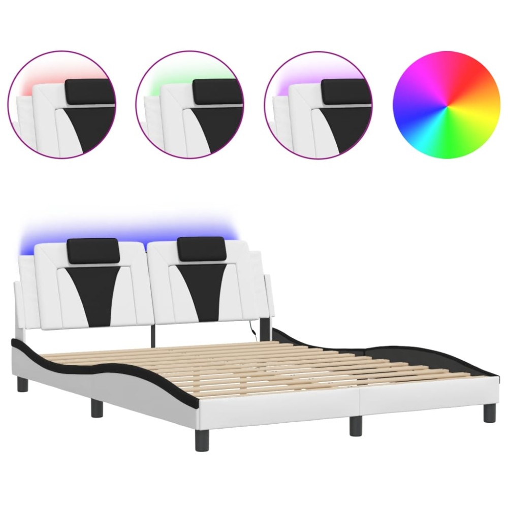 vidaXL Cadru de pat cu LED, alb și negru, 160x200 cm, piele ecologică