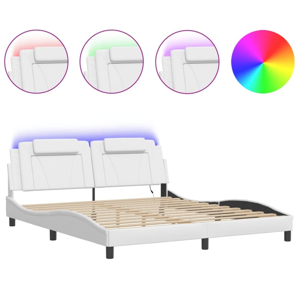 vidaXL Cadru de pat cu lumini LED, alb, 180x200 cm, piele ecologică