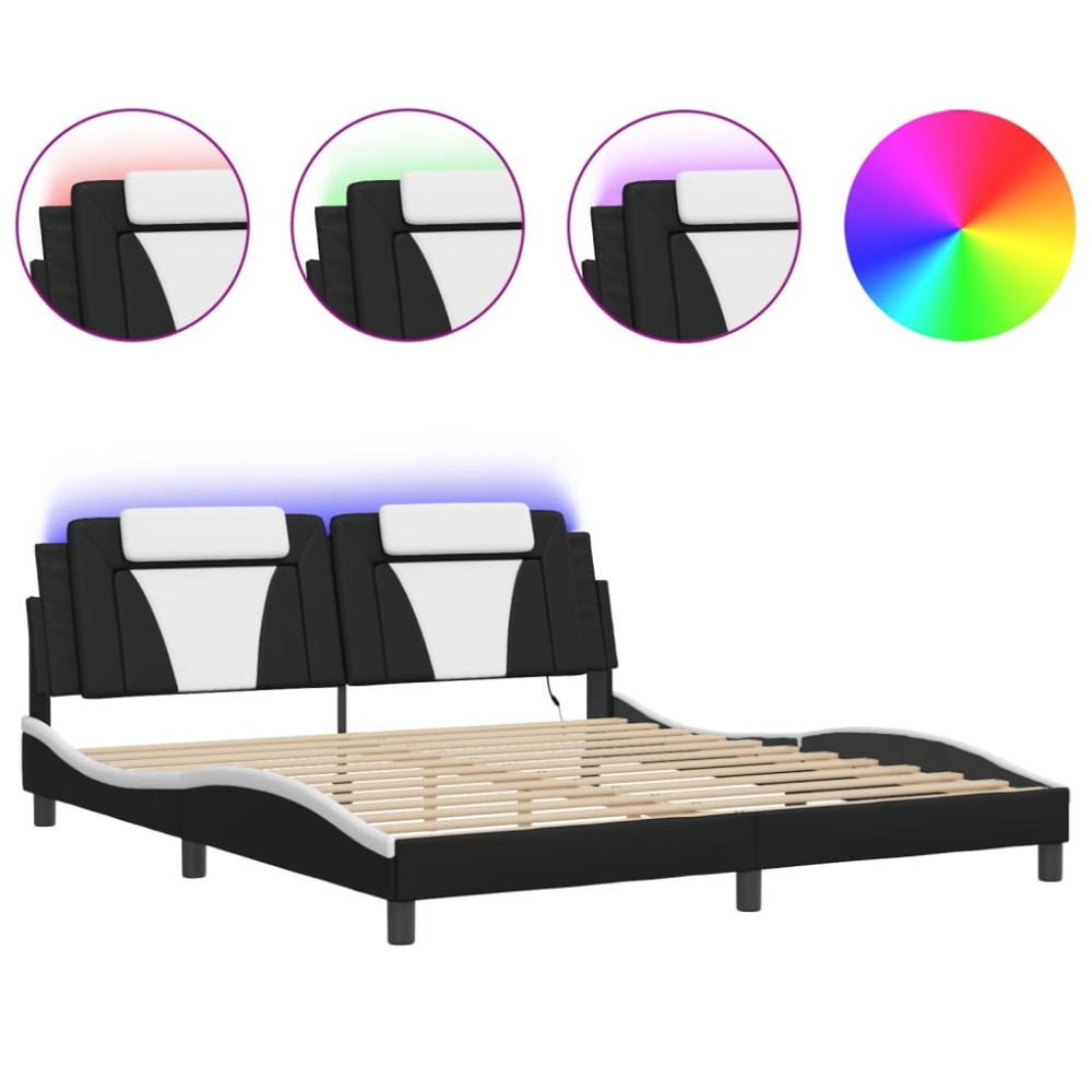 vidaXL Cadru de pat cu LED, negru și alb, 180x200 cm, piele ecologică