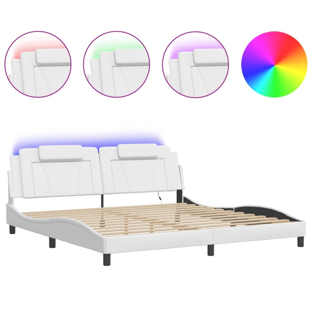 vidaXL Cadru de pat cu lumini LED, alb, 200x200 cm, piele ecologică
